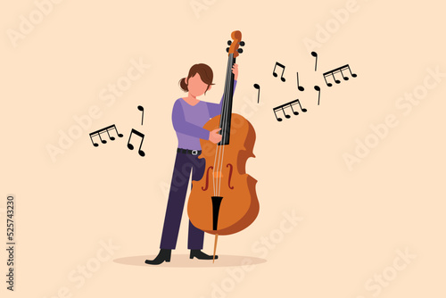 Business flat drawing double bass player standing with big string instrument. Woman musician playing classical music with fingers. Professional contrabassist. Cartoon style design vector illustration