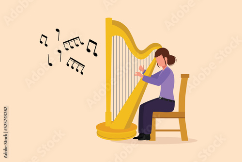 Business flat cartoon style drawing woman musician playing harp. Classical music performer character with musical instrument. Female sitting, playing harp. Graphic character design vector illustration