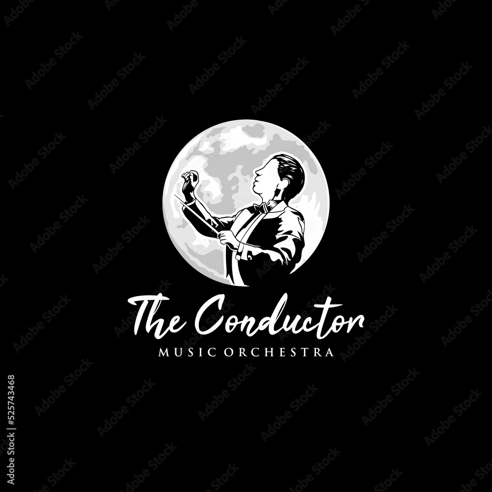 Music Logo, Man Silhouette With Stick Logo Design, Musical Arranged Mascot Logo. Conductor or Choirmaster with moon background vector illustration