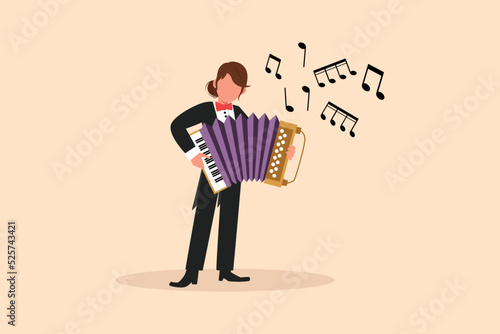 Business design drawing woman musician playing accordion. Female performer plays acoustic musical instrument. Accordionist perform playing music instrument. Flat cartoon style vector illustration
