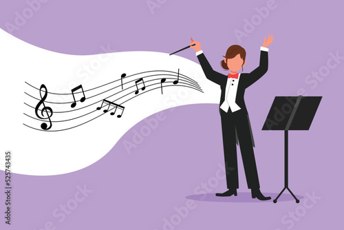 Business design drawing woman music orchestra conductor. Female musician in tuxedo suit with arm gestures. Expressive conductor directs orchestra during performance. Flat cartoon vector illustration