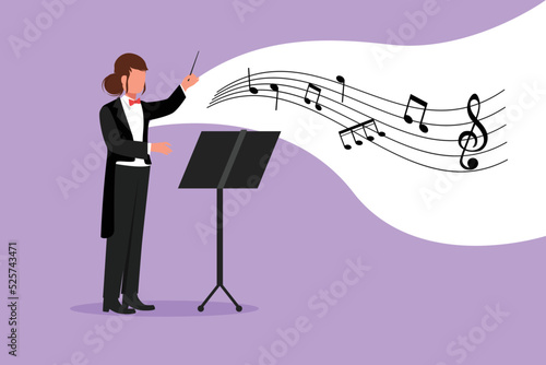 Business flat cartoon style draw woman conductor. Female musician perform on stage directing symphony orchestra. Classical music performance, instrumental ensemble. Graphic design vector illustration