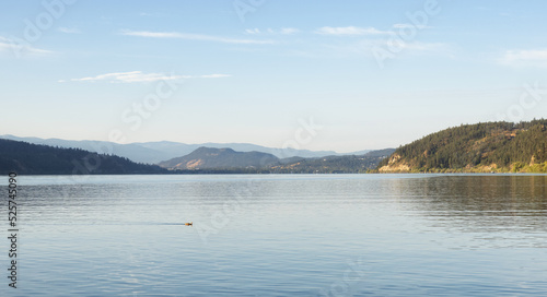 Peaceful View of Wood Lake with Reflection on the water and mountains in background. Lake Country, Okanagan, British Columbia, Canada. Sunrise Sky