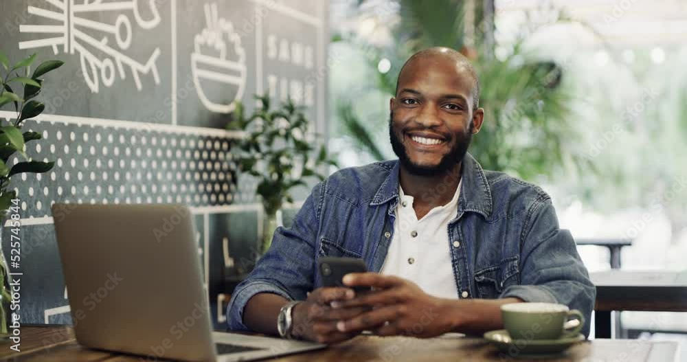 Customer or remote worker using phone, wifi and laptop while writing blog or texting in coffee shop. Portrait of businessman or writer using technology for freelance work, communication and internet Customer or remote worker using phone, wifi and laptop while writing blog or texting in coffee shop. Portrait of businessman or writer using technology for freelance work, communication and internet