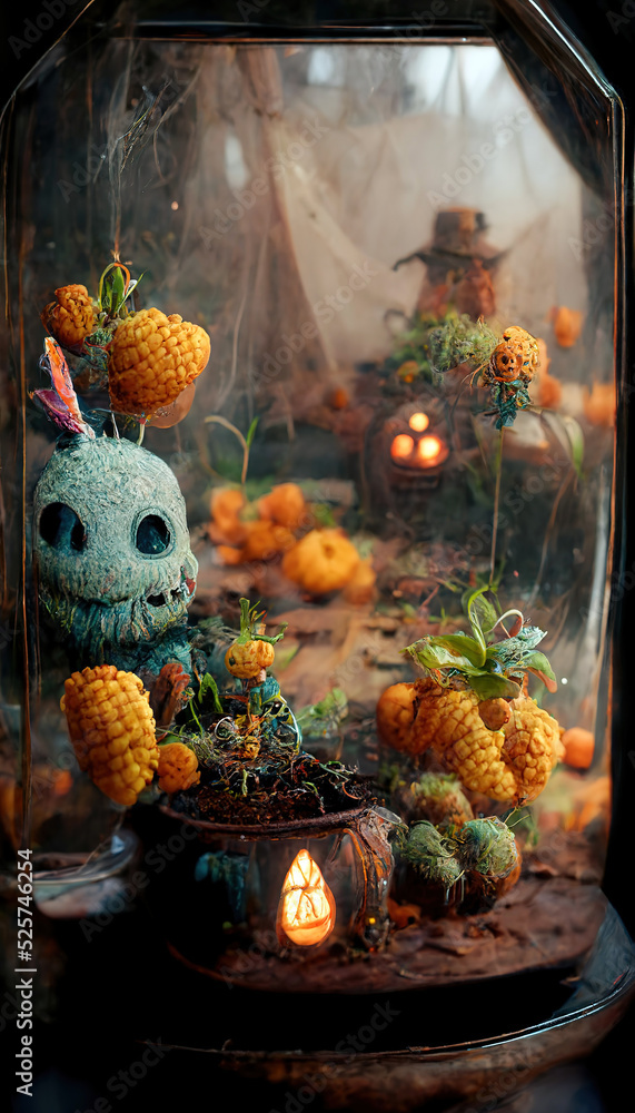 3D rendering a beautifully strange autumn terrarium with corn, cozy, autumn, pumpkins, a scarecrow, and a cute little ghost, synthwave Halloween.