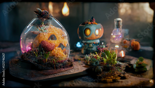 3D rendering a beautifully strange autumn terrarium with corn, cozy, autumn, pumpkins, a scarecrow, and a cute little ghost, synthwave Halloween.