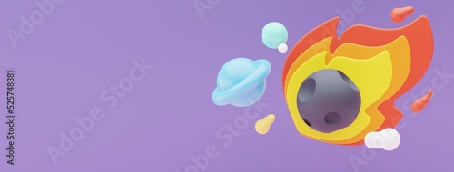 3d render of planet star and moon  that floating on the air at night with purple lilac background. Abstract scene of pastel ball  bubble soaps   or blobs in pastel colors. Magic scene.