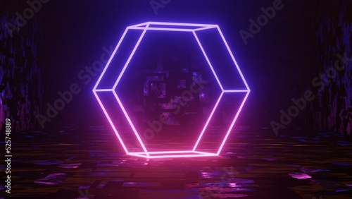 Abstract colorful neon glowing light background. Speed light illuminated. Florescent on the dark scene. Curvy moving line shape. 3D render.