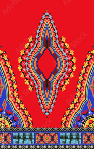 Vector ethnic west African dashiki dress colorful floral pattern on red background. Tribal art shirts fashion. Neck embroidery ornaments.