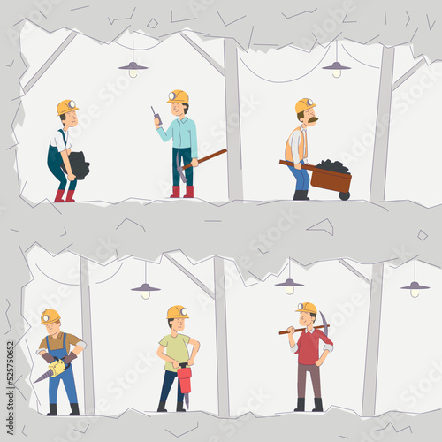 Coal mine industry, people working in underground caverns, vector illustration.