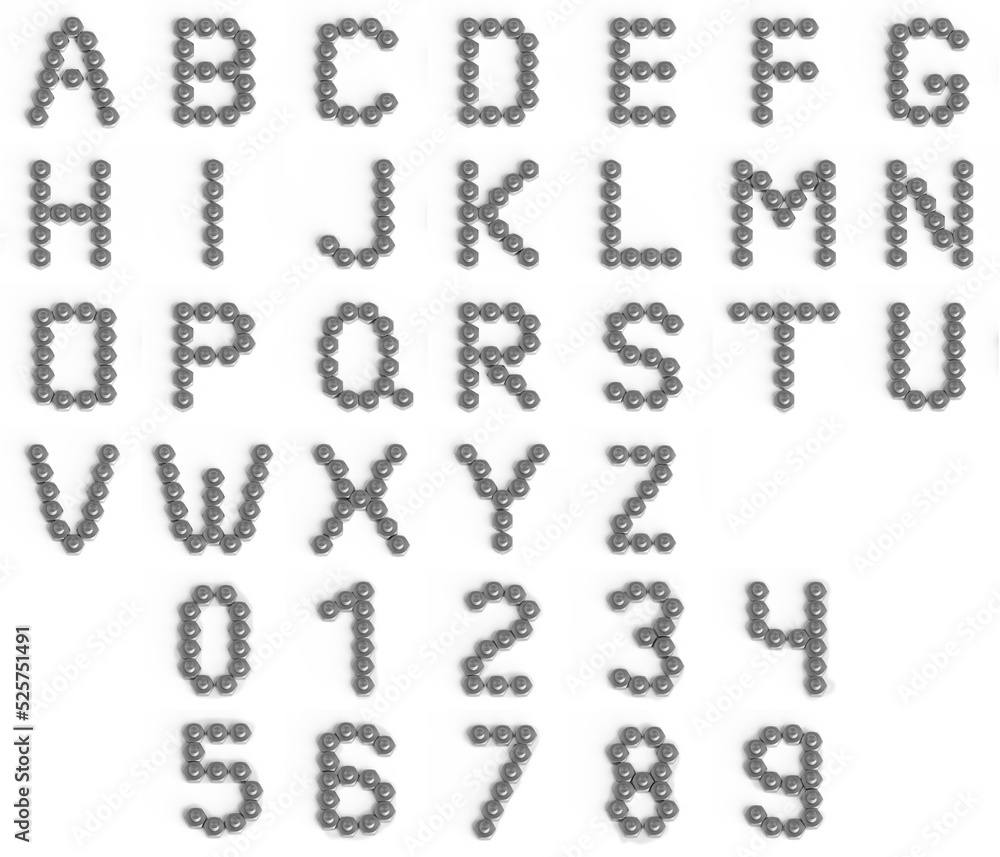 Alphabet from iron bolts and nuts. Industrial or engineering font or symbol. 3d illustration. White background. Lettering design element. Initial cap Alphabet from iron bolts and nuts. Industrial or engineering font or symbol. 3d illustration. White background. Lettering design element. Initial cap