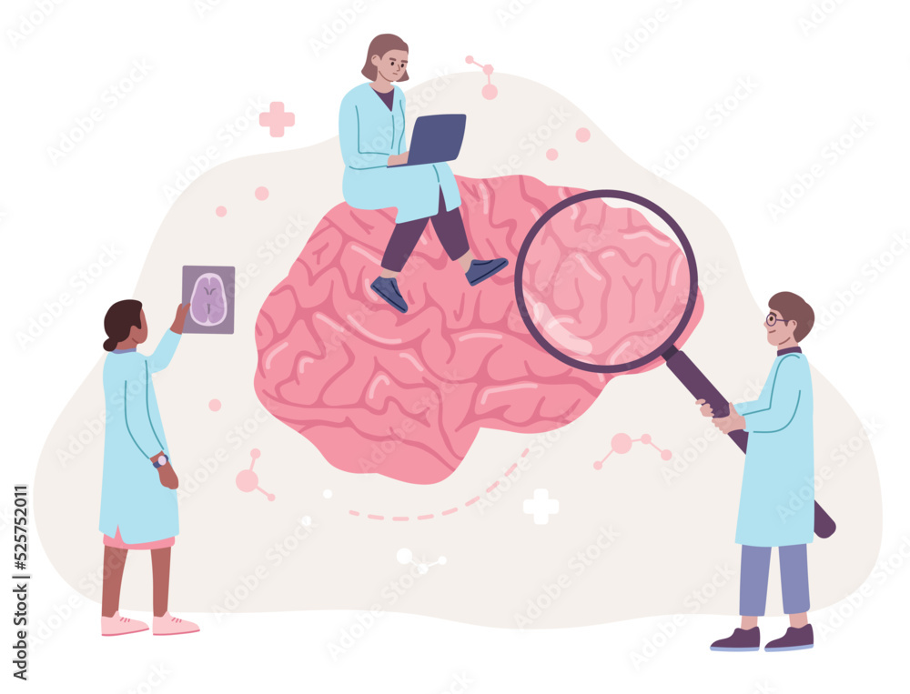 Brain study concept. Doctors are examining the brain. MRI scan, neurology concept. Magnifier. convolutions. Flat vector illustration. Cognitive Psychology, Brain Science - obrazy, fototapety, plakaty 
