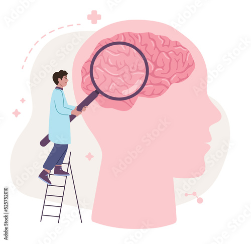 Brain study concept. Doctor is examining brain with a giant magnifier standing on the ladder. Psychology, neurology, eeg, human mind. Flat cartoon vector illustration. 