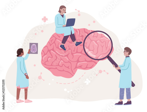 Brain study concept. Doctors are examining the brain. MRI scan, neurology concept. Magnifier. convolutions. Flat vector illustration. Cognitive Psychology, Brain Science
