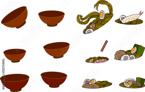 Traditional Japanese ramen and wave for restaurant printing on wallpaper.Ramen vector illustration for doodle art.Asian food.Ramen set vector.