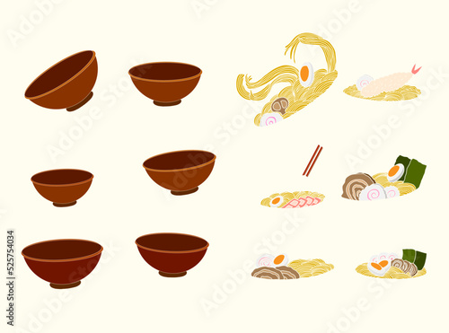Traditional Japanese ramen and wave for restaurant printing on wallpaper.Ramen vector illustration for doodle art.Asian food.Ramen set vector.
