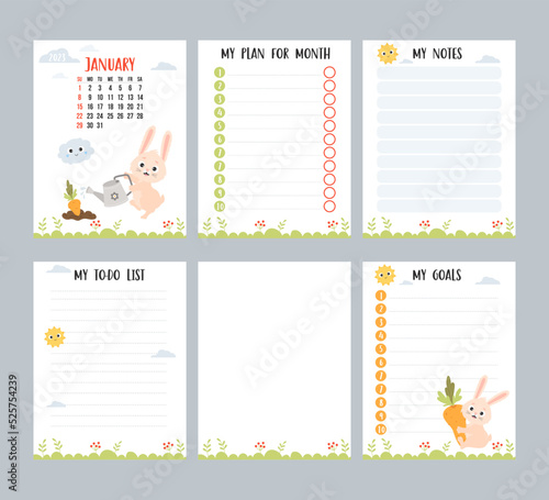 January 2023. Farm calendar for month with cute rabbit watering carrots in garden bed. Vector set of vertical page templates planner, to-do list, my plan and notes. Week from Sunday, in English.