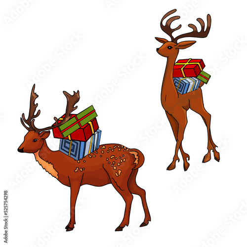 Isolated illustration of deer with gifts. New Year's set for designer blank, logo, icon, postcard