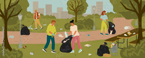 Volunteers collecting garbage into bags in city park. People clean environment concept vector illustration
