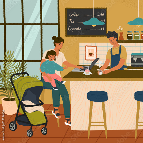 Busy mother with child works in cafe. Woman holding her baby and working on computer. Working mom concept vector poster. Maternity and career