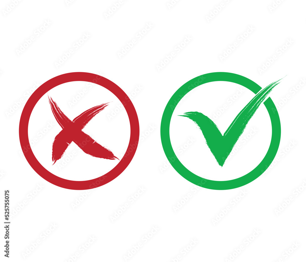 Cross red mark and check, tick green mark vector grange style in circles for web and app Cross red mark and check, tick green mark vector grange style in circles for web and app