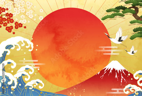 水彩の初日の出と波しぶきのベクターイラスト背景