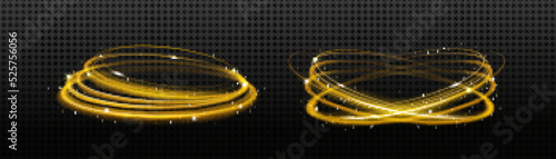 Gold glow spinning circles, speed, motion effect, thunder energy or magic spiral waves, swirls with glitter, shimmer and sparks, isolated shiny round vortex tracees, Realistic 3d Vector illustration