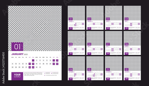 Wall Calendar Template Design for 2023 year, Monthly Creative Calendar Layout Vector illustration, Week starts Monday, Template for Annual Calendar 2023 with Graphic Element