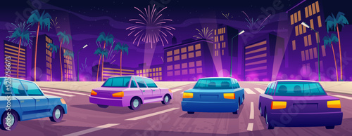 Cars driving at night city highway with palm trees, urban buildings, street lamps and fireworks in sky. Automobiles rear view riding by road with zebra markup and lanes, Cartoon vector illustration