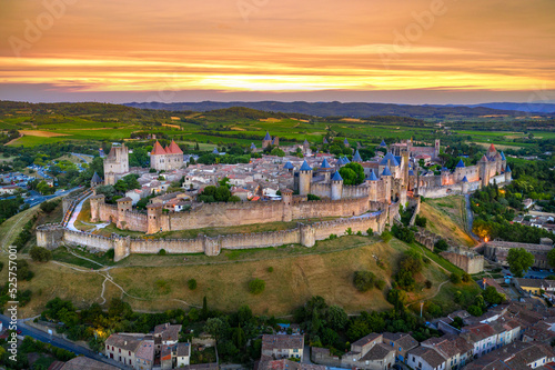 Medieval castle town of Carcassone at sunset, France photo