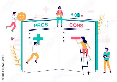 Pros cons consideration vector with tiny people