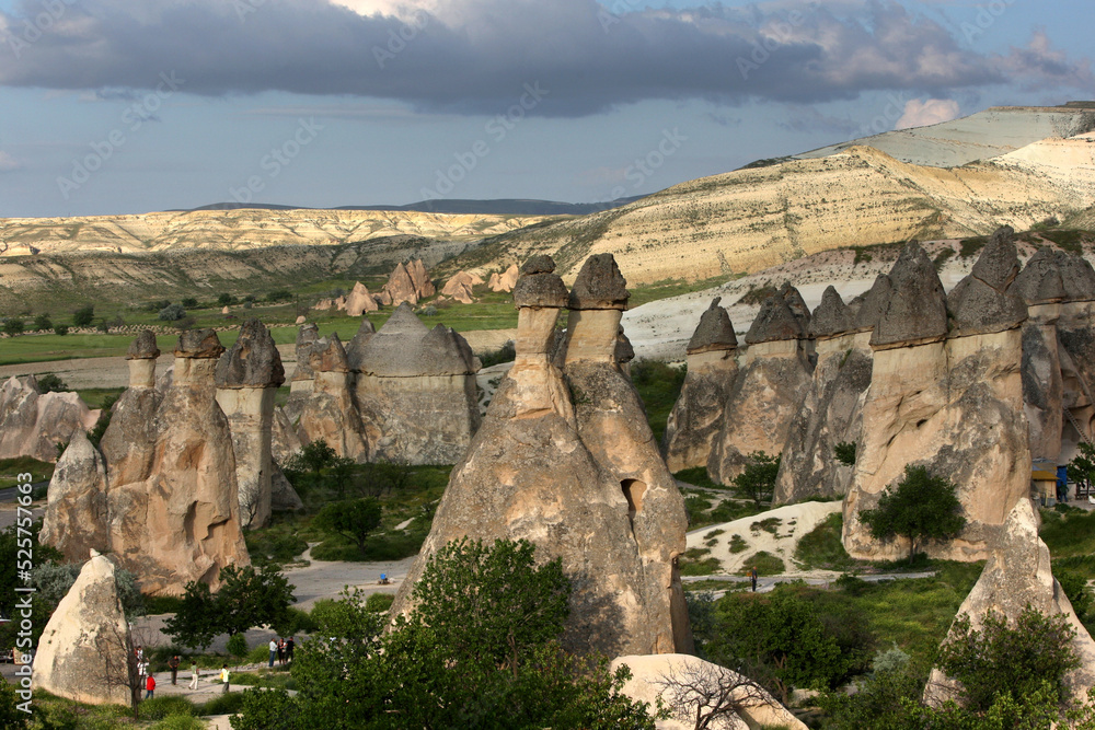 A series of volcanic rock formations known as fairy chimneys at Pasabagi near Zelve in the Cappadocia region of Turkey.