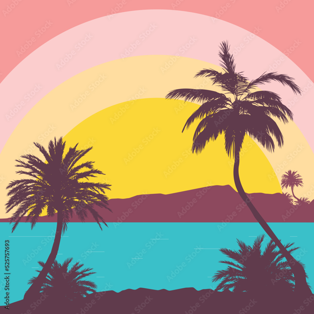 Palm trees on island retro poster