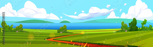 Summer seaside landscape, cartoon illustration. Vector design of beautiful lake, green field with footpath, blooming bushes and hills on horizon. Birds flying high in blue sky over water surface