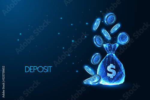 Concept of deposit, financial savings with money bag and flying coins in futuristic glowing style