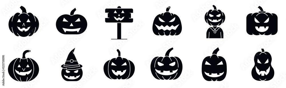 Set of 12 Halloween Jack-o'-lantern pumpkin faces. Icon set in black fill style. Set of 12 Halloween Jack-o'-lantern pumpkin faces. Icon set in black fill style.