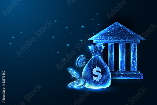 Concept of financial services with money bag, coins and bank building in futuristic style on blue
