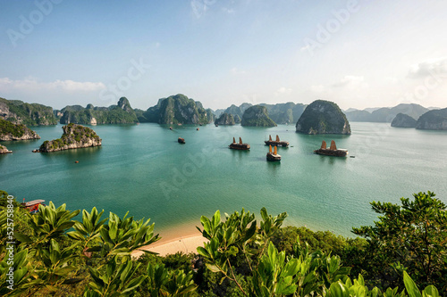Halong Bay Vietnam with Tourist Boats and Limestone Karsts