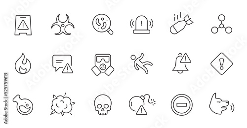 Danger biohazard line icon set. Fire danger, toxic, chemical radiation sign. Virus, bomb, gas mask alert symbol. Thin line editable stroke sign. Vector illustration.