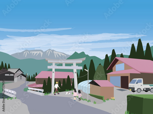 田舎の風景と犬とこども