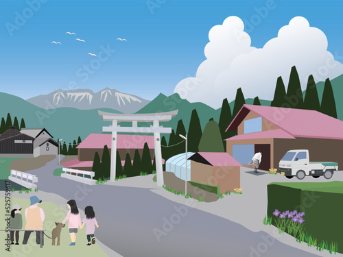 田舎の風景と犬とこども