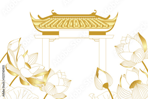 Illustration of an asian temple with lotus background