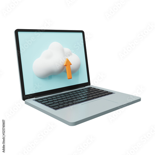 Cloud Upload on laptop. Upload icon. 3d render.  
