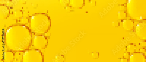 Texture of liquid yellow oil with air bubbles. Vector realistic background of golden cosmetic or cooking oil with glossy drops. Abstract backdrop with copy space for text