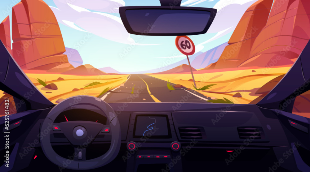 Road in desert view from car interior through windshield. Scenery landscape  with rocks and sand, Straight highway with speed sign limitation, asphalted  way perspective, Cartoon vector illustration Stock Vector | Adobe Stock
