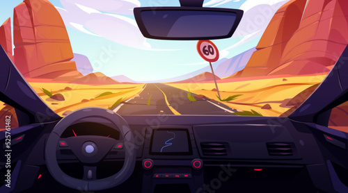 Road in desert view from car interior through windshield. Scenery landscape with rocks and sand, Straight highway with speed sign limitation, asphalted way perspective, Cartoon vector illustration