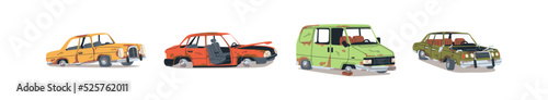 Broken old cars set. Abandoned ruined damaged junk autos. Rusty dirty rotting used defective transport in bad condition with rust. Flat graphic vector illustrations isolated on white background