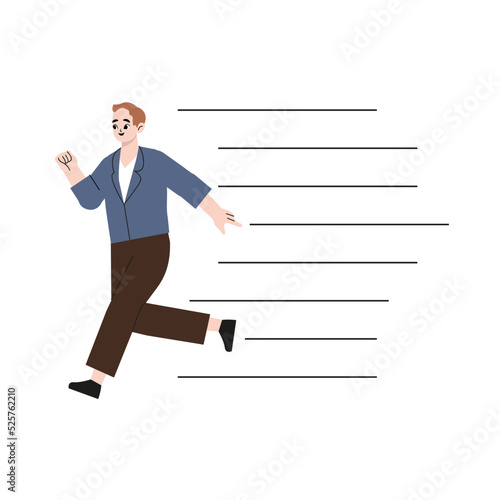 Business man with briefcase running fast with waving necktie. Late business person rushing in a hurry to get on time. Flat vector illustration isolated on white background
