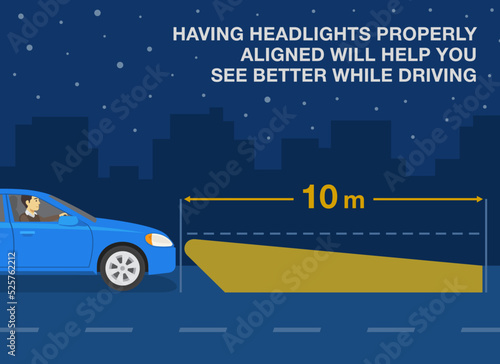 Safe driving at night. Using low and high beam headlights tips. Having headlights properly aligned will help you see better while driving. Flat vector illustration template. 