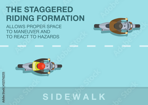Safe motorcycle riding rules and tips. The staggered riding formation in group riding allows proper space to maneuver. Top view of a bikers riding on the city road. Flat vector illustration template.